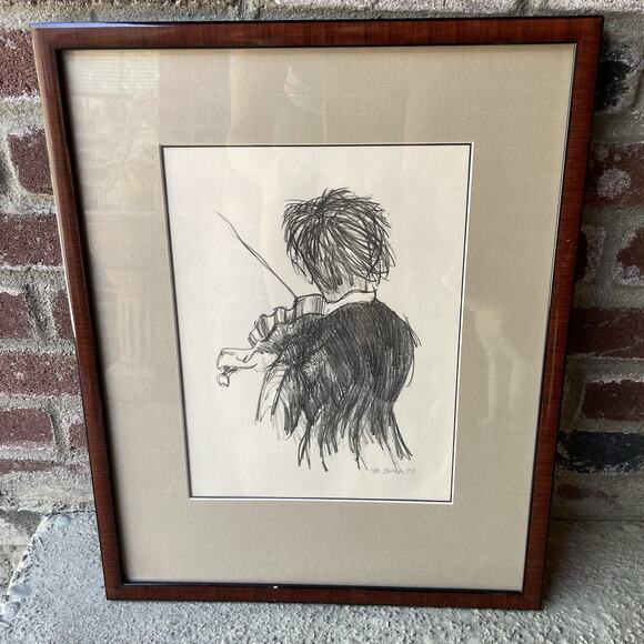 Violinist Musician Pencil Drawing Artist Signed Mark Eanes 1973 Wood Frame 17x21 - Picture 1 of 10